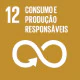 A imagem representa o Objetivo de Desenvolvimento Sustentável (ODS) 12 – Consumo e Produção Responsáveis. O fundo é marrom-dourado, no canto superior esquerdo aparece o número 12, seguido do texto em branco “Consumo e Produção Responsáveis”. No centro, há o ícone de um símbolo do infinito estilizado com uma seta, representando a ideia de circularidade, uso eficiente de recursos e sustentabilidade nos padrões de consumo e produção.