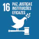 Ícone do ODS 16: fundo azul escuro, número 16 em branco e símbolo de pomba sobre martelo, simboliza paz, justiça e instituições eficazes.