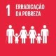 A imagem representa o Objetivo de Desenvolvimento Sustentável (ODS) 1 – Erradicação da Pobreza. O fundo é vermelho, no canto superior esquerdo está o número 1, seguido do texto em branco “Erradicação da Pobreza”. No centro, há o ícone de cinco figuras humanas em fila, representando uma família com adultos e crianças, simbolizando a luta contra a pobreza em todas as suas formas.