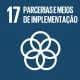 A imagem representa o Objetivo de Desenvolvimento Sustentável (ODS) 17 – Parcerias e Meios de Implementação. O fundo é azul-escuro, no canto superior esquerdo aparece o número 17, seguido do texto em branco “Parcerias e Meios de Implementação”. No centro, há o ícone de cinco círculos interligados formando uma flor, simbolizando cooperação, integração e alianças globais para o desenvolvimento sustentável.