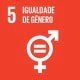 Icono del ODS 5: Igualdad de género, con el número 5 estilizado en blanco sobre fondo rojo, acompañado del símbolo de la igualdad en medio de un icono que combina elementos de los símbolos femeninos y masculinos.
