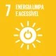 The image represents Sustainable Development Goal (SDG) 7 – Affordable and Clean Energy. The background is yellow, the number 7 is featured in the upper left corner and next to it the text in white reads “Affordable and Clean Energy”. A white icon that symbolizes a stylized sun, with rays around it and a power button in the middle, is featured in the center, representing sustainable energy.