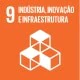 The image represents Sustainable Development Goal (SDG) 9 – Industry, Innovation and Infrastructure. The background is orange, the number 9 is featured in the upper left corner, accompanied by a white text reading “Industry, Innovation and Infrastructure”. A white icon formed by interconnected three-dimensional blocks is featured in the center, symbolizing construction, technological development and sustainable structures.
