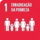 The image represents Sustainable Development Goal (SDG) 1 – No Poverty. The background is red, the number 1 is featured in the upper left corner, followed by a white text reading “No Poverty”. An icon of five human figures in a row is featured in the center, representing a family with adults and children, symbolizing the fight against poverty in all its forms.