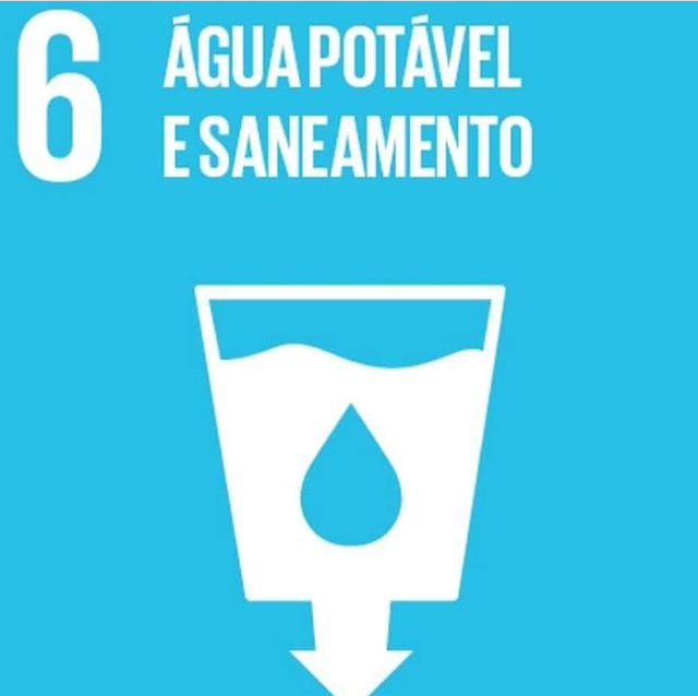 Image of UN Sustainable Development Goal 6 in a blue background. It shows the number 6 in the upper left corner and the text “Clean Water and Sanitation”. The icon of a glass of water with a drop in the center is featured below it, symbolizing access to clean water.